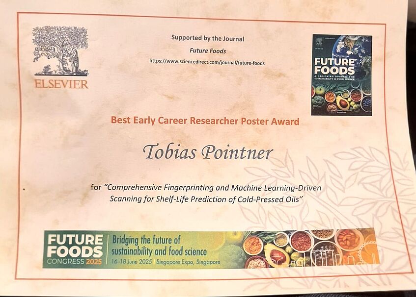 Zertifikat für den Best Poster Award für Tobias Pointner